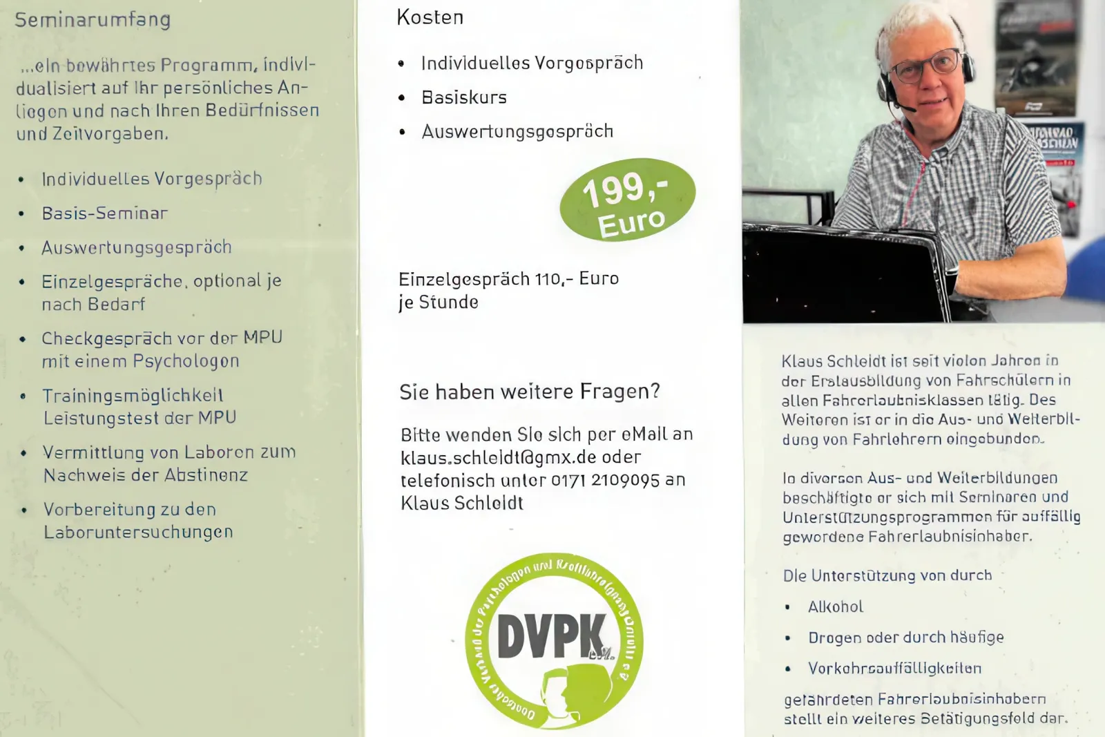 MPU-Beratung Klaus Schleidt: Übersicht Seminar und Kosten